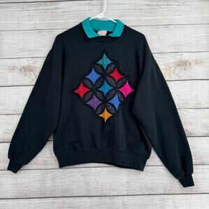 Vintage 80s Hand Made by Nancy Patchwork Sweatshirt Womens Large Black